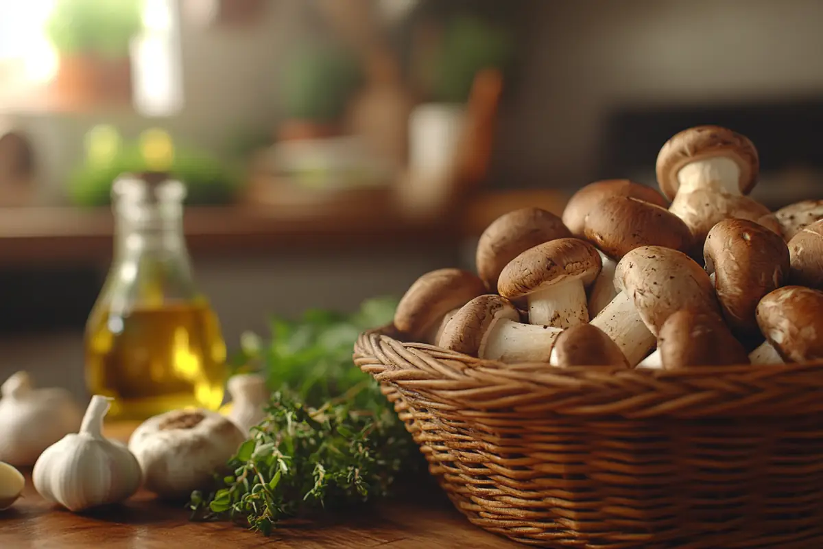 Fresh cremini mushrooms in a basket on a wooden countertop.