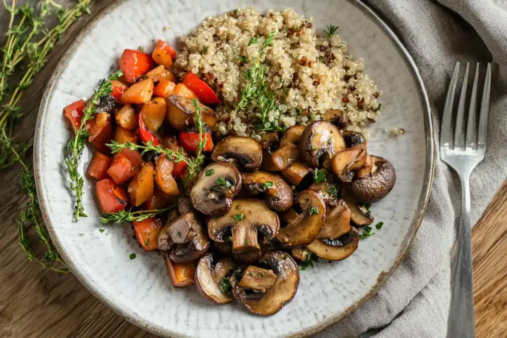 Sautéed baby Bella and crimini mushrooms with roasted vegetables.