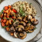 Sautéed baby Bella and crimini mushrooms with roasted vegetables.