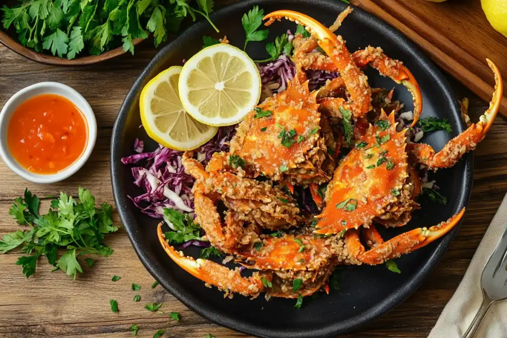 Fried soft shell crab garnished with herbs and lemon slices.