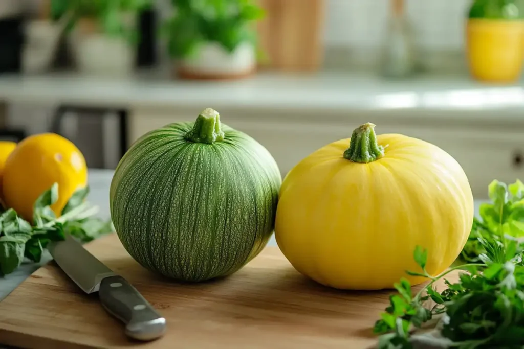 Green spaghetti squash next to yellow spaghetti squash on a kitchen counter