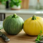 Green spaghetti squash next to yellow spaghetti squash on a kitchen counter