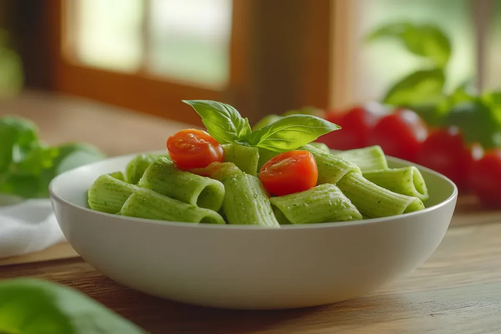 Green pasta in a bowl with basil pesto sauce and parmesan garnish.