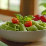 Green pasta in a bowl with basil pesto sauce and parmesan garnish.