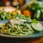 Green spaghetti on a rustic table with cilantro and cheese garnish.