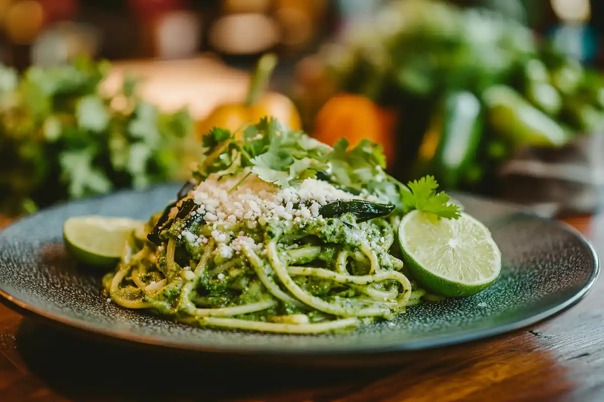 Green spaghetti on a rustic table with cilantro and cheese garnish.