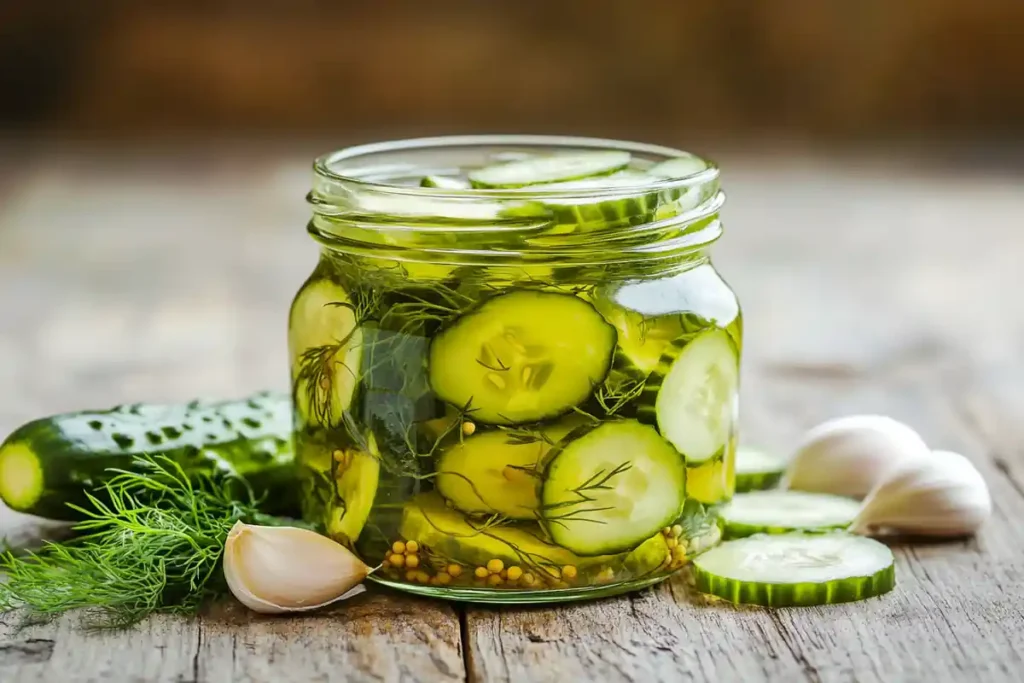 A jar of Grillo’s pickles surrounded by fresh dill and cucumbers.