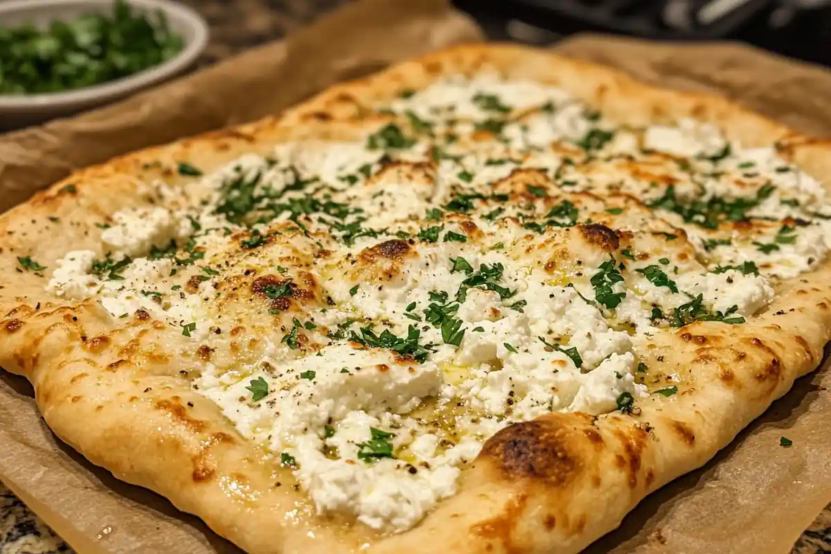 A freshly made cottage cheese flatbread served on a wooden board with garnishes like parsley and a side of creamy dip.