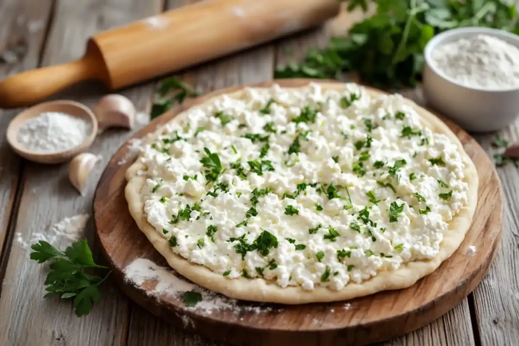 Freshly baked cottage cheese flatbread garnished with herbs on a wooden board surrounded by cottage cheese, flour, and a rolling pin.