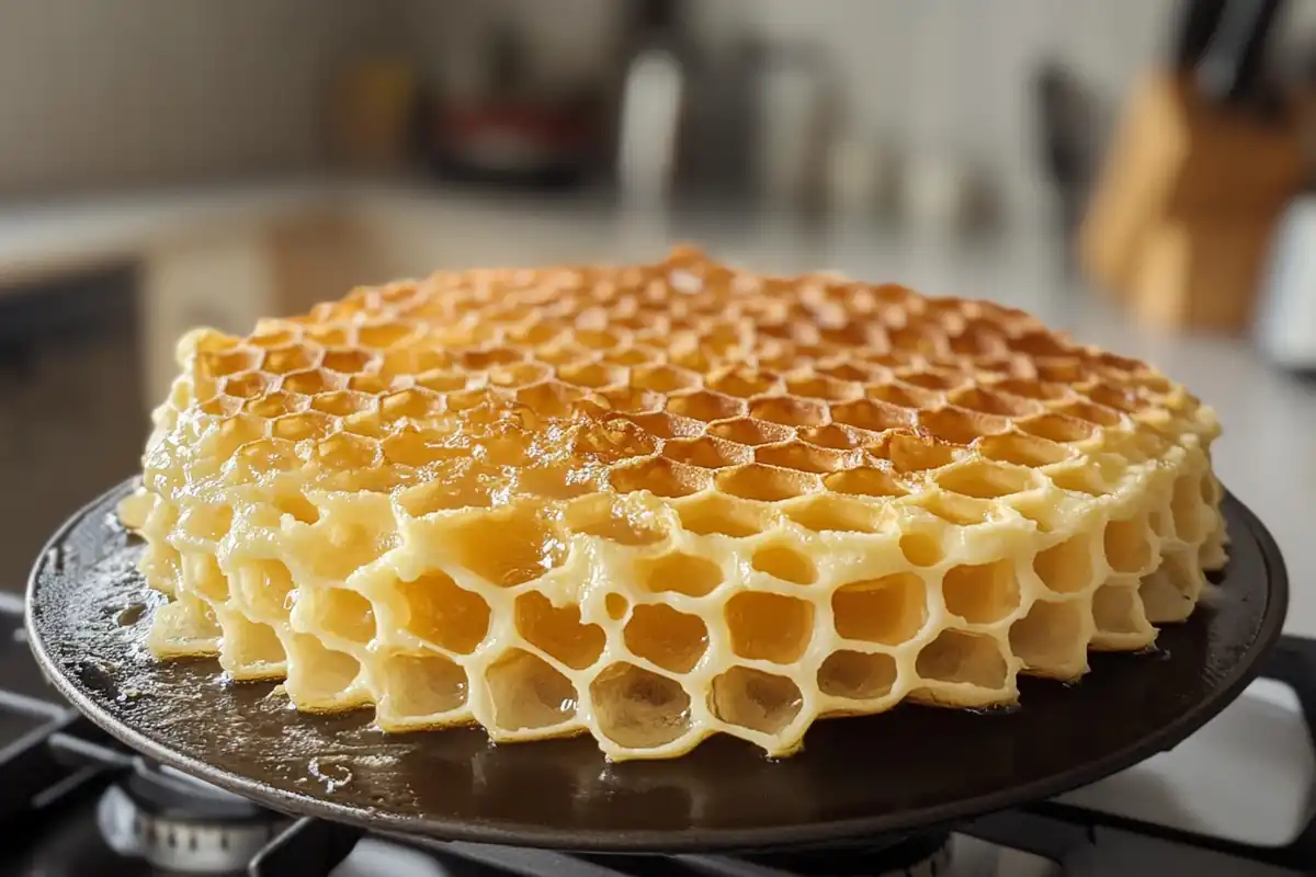 Golden honeycomb candy showing its airy texture, made using a simple honeycomb recipe.