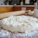 Rolling cottage cheese flatbread dough on a floured surface to prevent sticking during preparation.