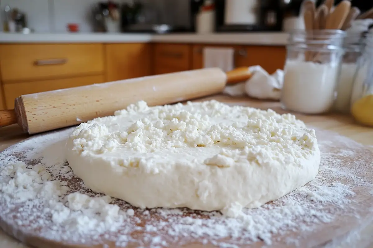 Rolling cottage cheese flatbread dough on a floured surface to prevent sticking during preparation.