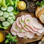 Sliced head cheese served with fresh vegetables and mustard