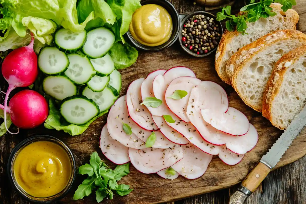 Sliced head cheese served with fresh vegetables and mustard