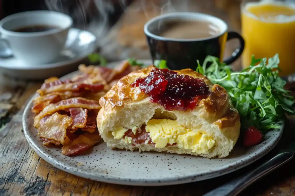 A breakfast spread featuring a Kaiser roll with butter and jam, scrambled eggs, bacon, and mixed greens on a rustic table.