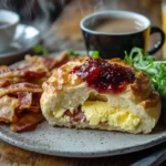 A breakfast spread featuring a Kaiser roll with butter and jam, scrambled eggs, bacon, and mixed greens on a rustic table.