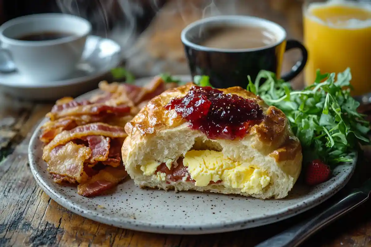 A breakfast spread featuring a Kaiser roll with butter and jam, scrambled eggs, bacon, and mixed greens on a rustic table.