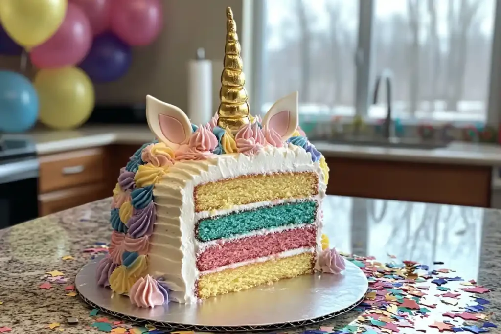 A beautifully decorated birthday unicorn cake featuring a golden horn, colorful buttercream mane, and pastel fondant ears, perfect for parties.