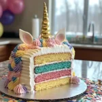 A beautifully decorated birthday unicorn cake featuring a golden horn, colorful buttercream mane, and pastel fondant ears, perfect for parties.