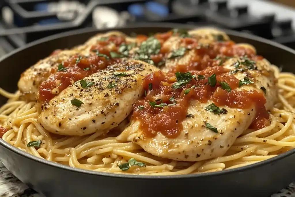 A creamy Marry Me Chicken Pasta dish with golden-brown chicken, rich Parmesan sauce, and fettuccine pasta garnished with fresh basil.