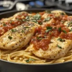 A creamy Marry Me Chicken Pasta dish with golden-brown chicken, rich Parmesan sauce, and fettuccine pasta garnished with fresh basil.