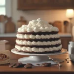 A box of Nabisco Famous Wafers with an icebox cake being prepared on a vintage-style kitchen table.