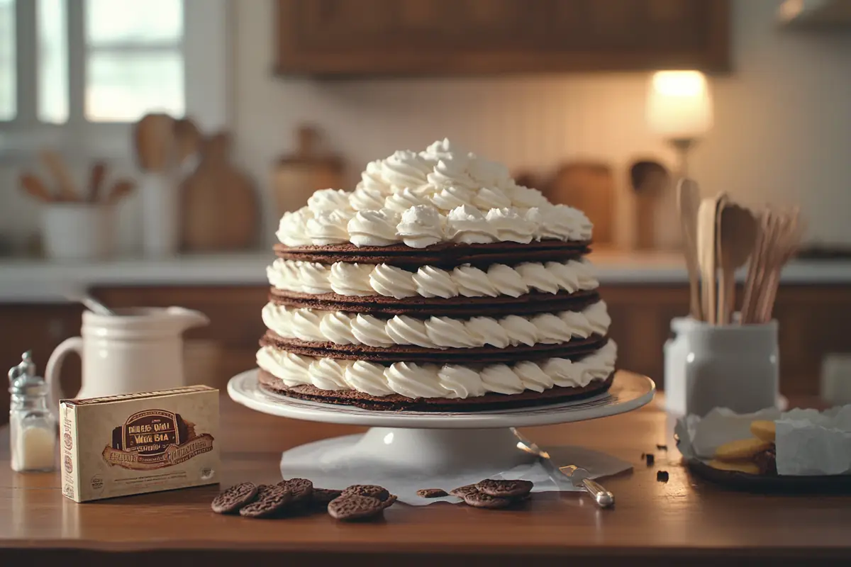 A box of Nabisco Famous Wafers with an icebox cake being prepared on a vintage-style kitchen table.