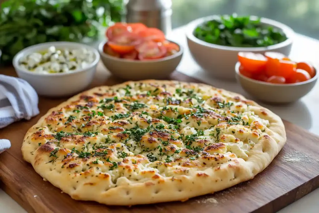 Golden cottage cheese flatbread on a wooden cutting board with toppings like herbs and tomatoes.