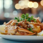 Fried soft shell crab garnished with parsley and lemon wedges.