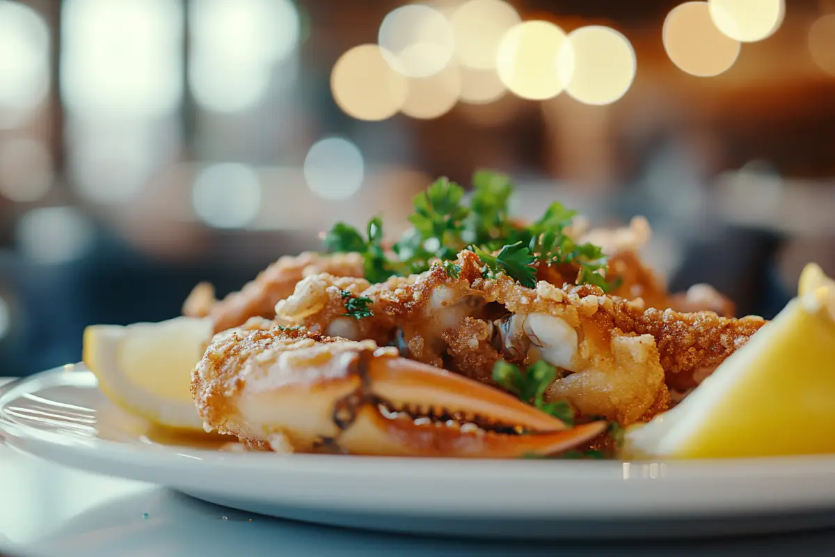 Fried soft shell crab garnished with parsley and lemon wedges.