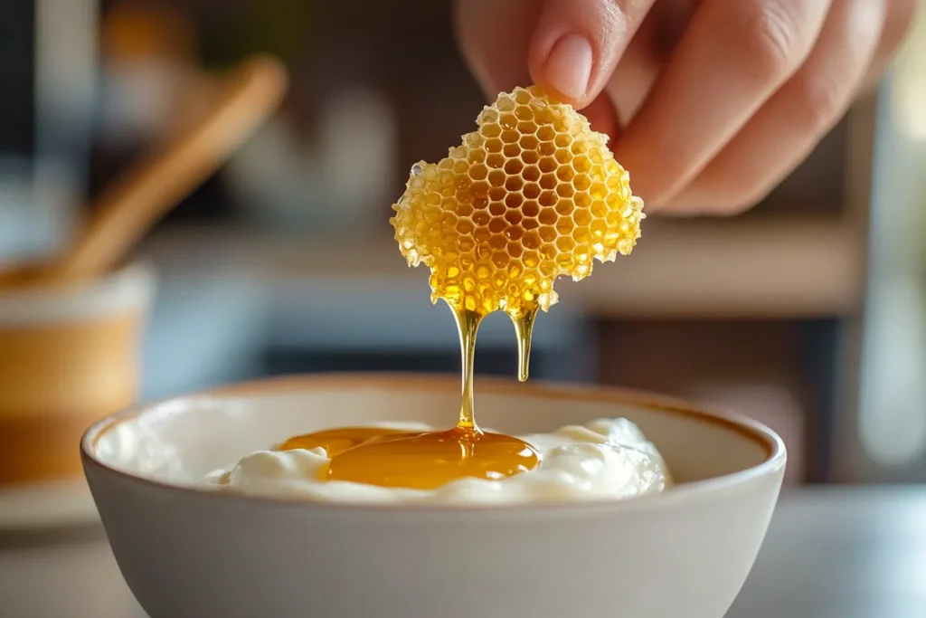 A person carefully cutting a piece of honeycomb, showing its golden honey-filled hexagonal structure and fresh appearance.