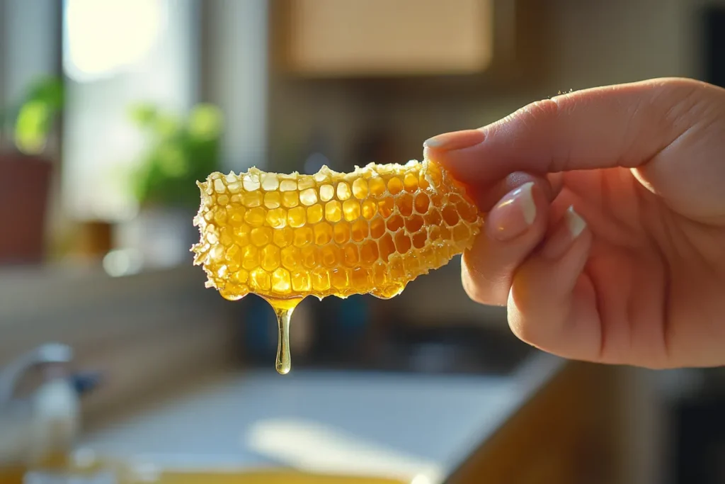 A person holding a piece of honeycomb, showing the hexagonal wax structure and golden honey dripping from the comb.