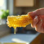 A person holding a piece of honeycomb, showing the hexagonal wax structure and golden honey dripping from the comb.