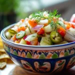 A vibrant bowl of pickle de gallo surrounded by tortilla chips.