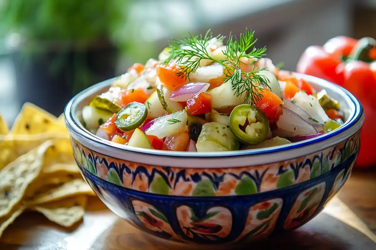 A vibrant bowl of pickle de gallo surrounded by tortilla chips.