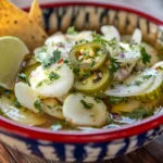 A bowl of pickle de gallo with tortilla chips and fresh lime.