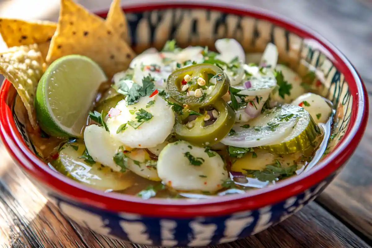 A bowl of pickle de gallo with tortilla chips and fresh lime.