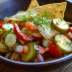 A vibrant bowl of pickle de gallo surrounded by tortilla chips.