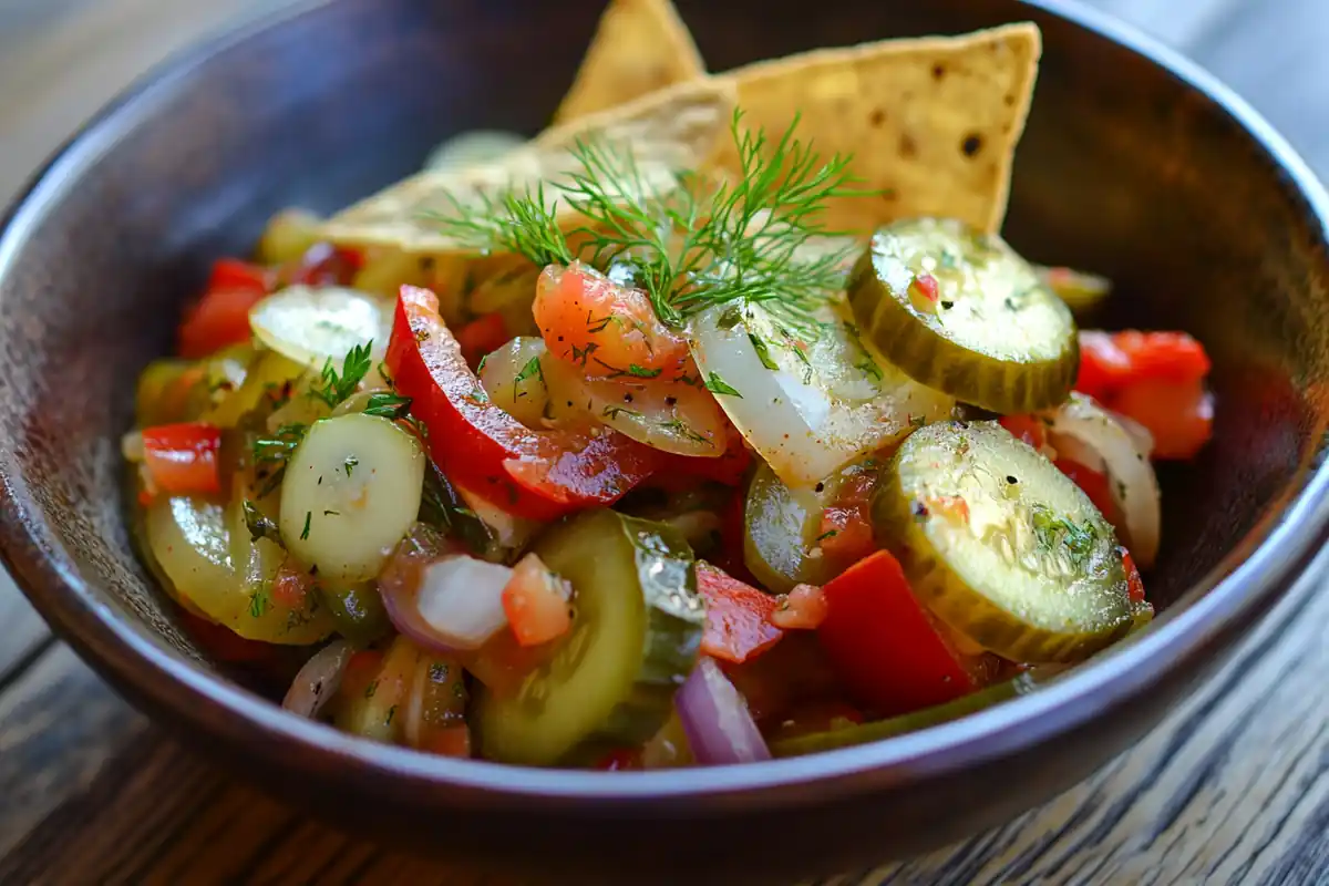 A vibrant bowl of pickle de gallo surrounded by tortilla chips.