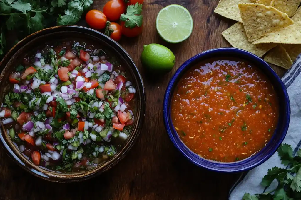 Pico de gallo and salsa side by side with tortilla chips.