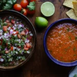 Pico de gallo and salsa side by side with tortilla chips.