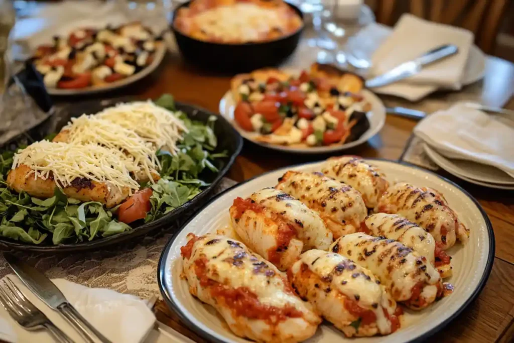 A plated dish featuring string cheese pizza roll-ups, string cheese-stuffed chicken, and a fresh salad topped with chopped string cheese.