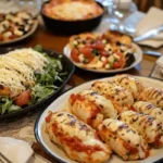 A plated dish featuring string cheese pizza roll-ups, string cheese-stuffed chicken, and a fresh salad topped with chopped string cheese.