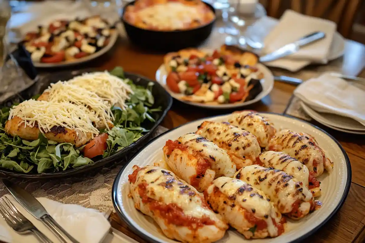 A plated dish featuring string cheese pizza roll-ups, string cheese-stuffed chicken, and a fresh salad topped with chopped string cheese.