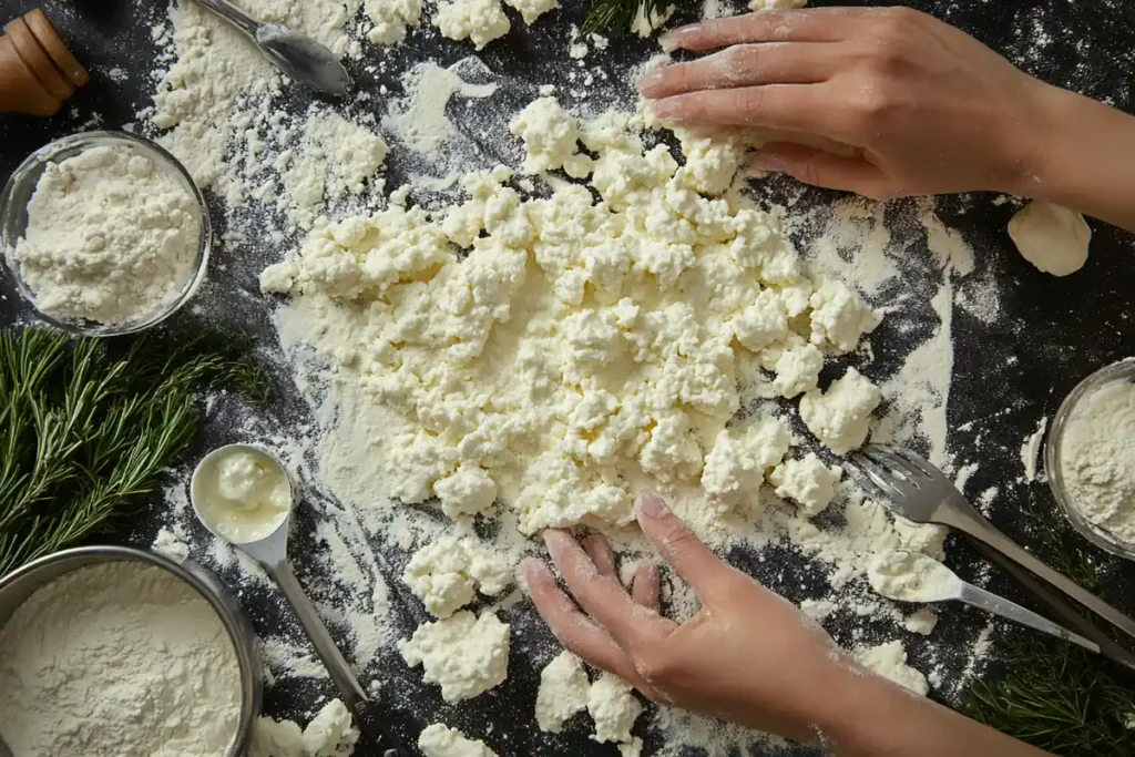 Overhead view of hands kneading dough for cottage cheese flatbread with ingredients neatly arranged.