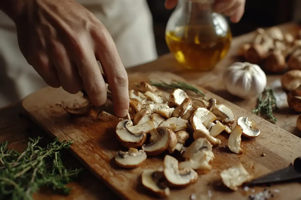 Close-up of hands slicing fresh cremini mushrooms on a wooden cutting board with garlic, herbs, and olive oil in the background.