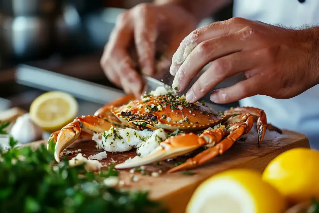 Chef preparing soft shell crab with fresh ingredients.