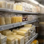 An open refrigerator with string cheese neatly arranged on a shelf alongside other dairy products, showcasing proper storage.