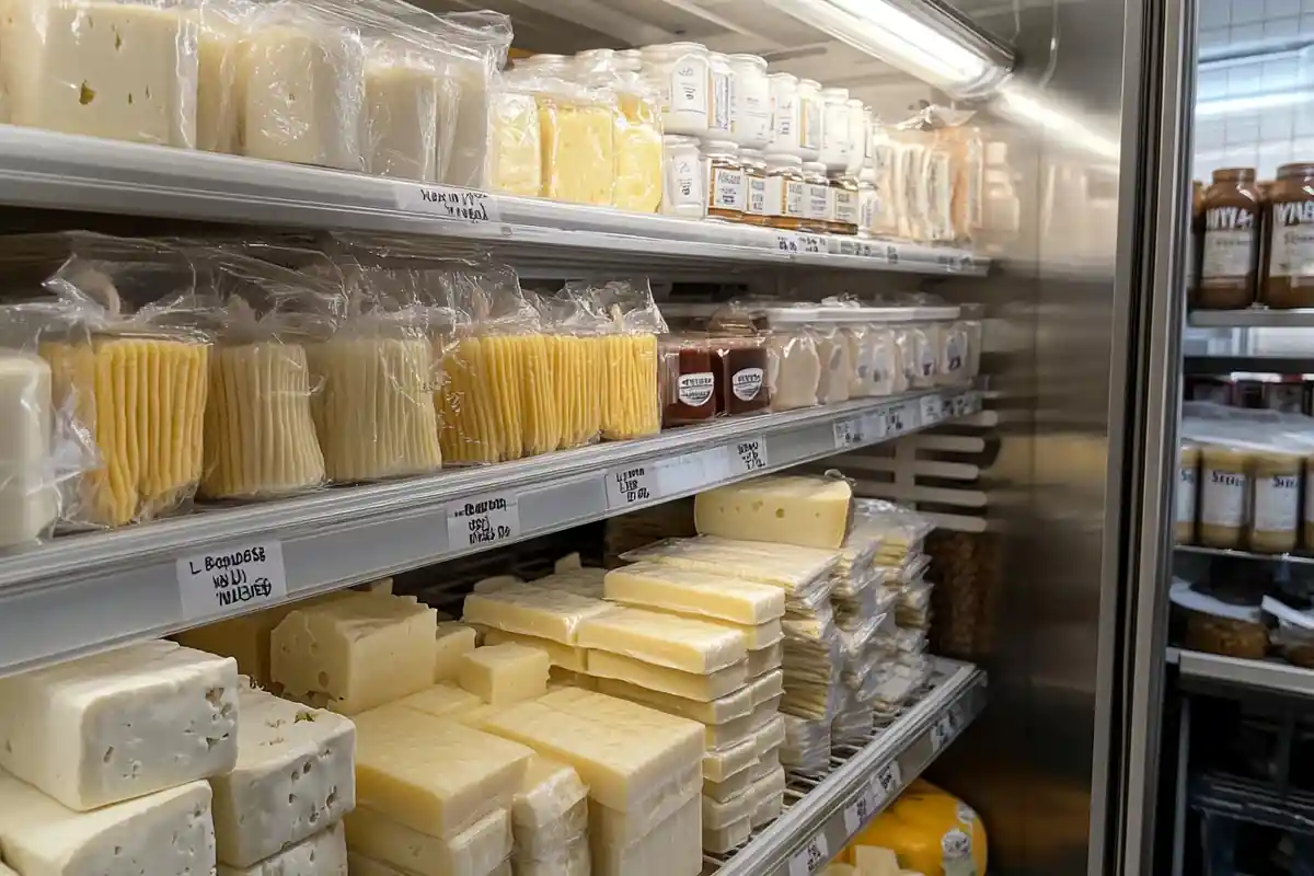 An open refrigerator with string cheese neatly arranged on a shelf alongside other dairy products, showcasing proper storage.