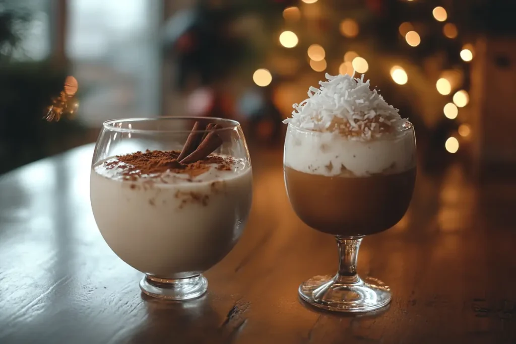 Glasses of rompope and coquito on a festive holiday table.